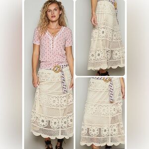 POL Cream/ Yvory Crochet Lace Tiered Midi Skirt One Size New In Bag Grandmacore